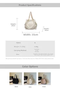 Detailed size specifications for canvas tote bag in black, off-white, and khaki colors