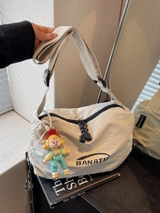 Women Nylon Dumpling Shoulder Bag With Cartoon Doll Pendant Artificial Pearl Chain Casual Crossbody Bag Y2K Streetwear Fashion Handbag