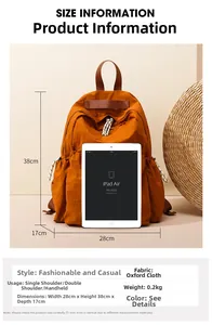 Detailed size guide for orange oxford fabric backpack showing dimensions 28x38x17 cm