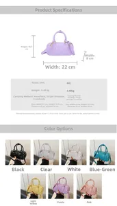 Detailed size chart for PVC crossbody bag showing dimensions 22cm x 10.5cm x 8cm with handle