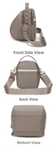 Side, back, and bottom views of khaki multi-layer shell bag with adjustable strap