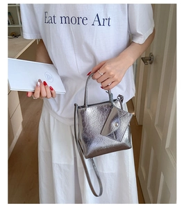Close-up of metallic silver crossbody bag with textured leather and a matching mini pouch