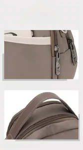 Detail of durable nylon crossbody bag showing zippers and reinforced woven handles