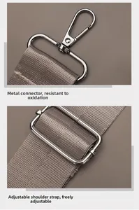 Detail of antioxidant metal swivel hook and adjustable strap on a nylon shell bag