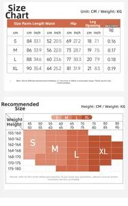 Detailed size chart for yoga pants showing length, waist, and hip measurements in cm and inch