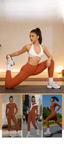 Detail of high-waist yoga set in caramel featuring high-elastic quick-dry fabric in sports scenes