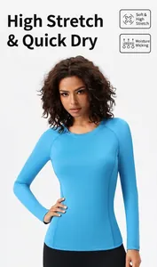 Detail showing light blue high-stretch quick-dry compression top for women fitness