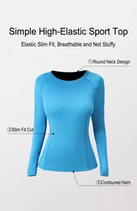 Detail showing the elastic fabric texture and neat stitching of the blue yoga long sleeve top