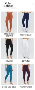 Multiple colors of high-waisted yoga leggings showing hazel, navy, black and purple