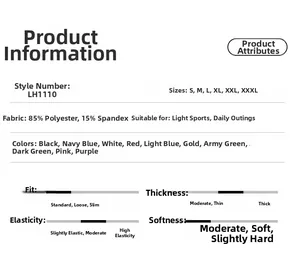 Size chart and fabric details for slim fit yoga tee with 85% polyester and 15% spandex
