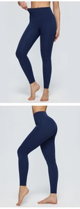 Detail of high-waisted navy yoga pants featuring tummy control and butt lifting stitching