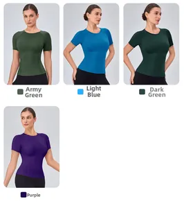 Detail view of slim fit sports T-shirts in army green, light blue, dark green, and purple