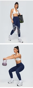 Deep V-neck halter sports bra and high-waisted navy yoga leggings for gym workouts