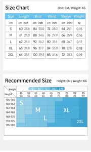 Size chart showing S to 2XL measurements in cm for long sleeve yoga top