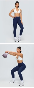 Front and side view of white halter neck sports bra and dark blue high waist yoga pants