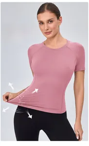 Detail of rose pink slim fit sports T-shirt showing four-way high elasticity fabric