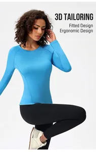 Detail view of bright blue yoga shirt showing ergonomic fit and seamless slimming design