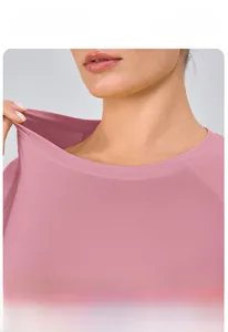 Detail shot of the elastic crew neck on this pink women's sports t-shirt