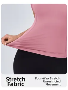 Detail of pink yoga top showing high elasticity and four-way stretch fabric for sports