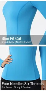 Close-up of four-needle six-thread flatlock seams on slimming blue yoga top