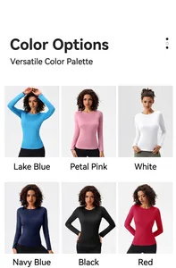 Collage of long sleeve slim fit yoga shirts in six vibrant colors for athletic women