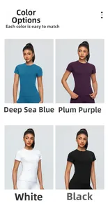 T-shirt de yoga à manches courtes montrant les options en bleu marine, violet, blanc et noir