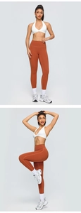 Close-up of white halter sports bra and caramel high-waist yoga leggings set