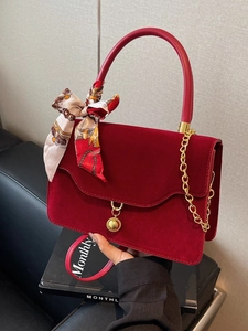 Women Elegant Red PU Leather Handbag With Silk Scarf Gold Chain Strap Retro Crossbody Bag For Wedding Party Fashion Tote