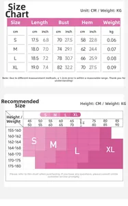 Size chart for women's sports bra showing length, chest, and hem measurements in CM and Inch