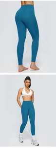 Close-up of dark lake blue yoga pants with high waist and butt lifting design