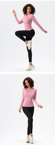 Vertical split view of pink slim-fit long sleeve yoga top and black high-waisted leggings