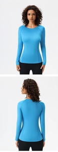 Detail of royal blue yoga top showing seamless raglan sleeves and round neckline design