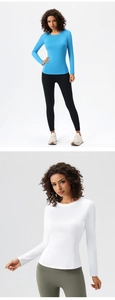 Detail of round neck and raglan sleeves on high-elastic quick-dry yoga long sleeve tops