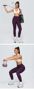 Deep purple high-waisted yoga leggings and white halter sports bra for gym workout