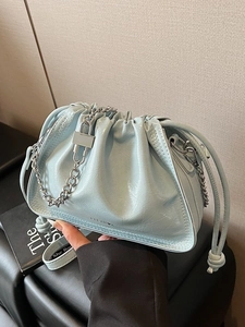 Women PU Leather Cloud Bucket Bag Pleated Design With Silver Chain Strap Drawstring Crossbody Shoulder Bag For Daily Fashion