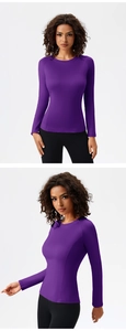 Detail showing front and side views of purple slim fit long sleeve yoga top