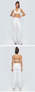Front and back views of white high-waist yoga set with halter neck sports bra