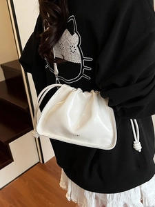 French style white glossy pleated bucket bag with chain strap and branding details