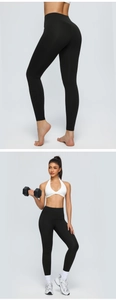Close-up of high-waisted black yoga pants showing butt-lifting effect and seamless fabric