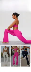Collage of high-waist flared yoga pants in rose, white, and navy for various activities