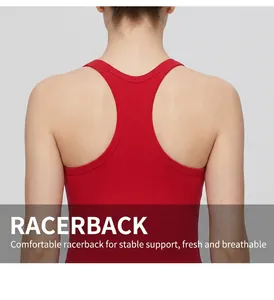 Detail of red racerback yoga top showing breathable fabric and supportive back design