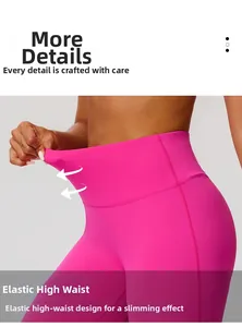 Detail of high-waist hot pink yoga pants showing elastic tummy control and fabric stretch