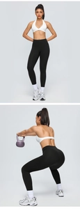 Detailed close-up showing high-waisted fitness leggings and halter neck sports bra set