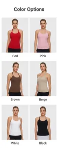 Detailed view of women's racerback yoga tank tops in red, pink, coffee, beige, white, and black