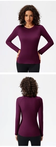 Front and back view of tight-fit deep purple long sleeve quick-dry yoga athletic shirt