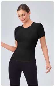 Front view of black slim fit yoga T-shirt with breathable high-elasticity fabric
