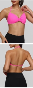 Detailed front and back view of rose pink halter neck sports bra with ruched chest design