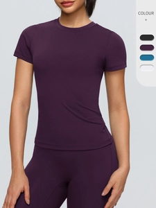 T-Shirt de Gym Brossé Moulant pour Femmes Top de Yoga Haute Élasticité Séchage Rapide pour Fitness Course Vêtements de Sport Respirants