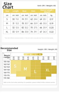 Guide des tailles détaillé pour haut de yoga femme avec mesures en cm/pouces et poids