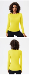 Slim fit bright yellow long sleeve yoga top with moisture wicking fabric and raglan sleeves
